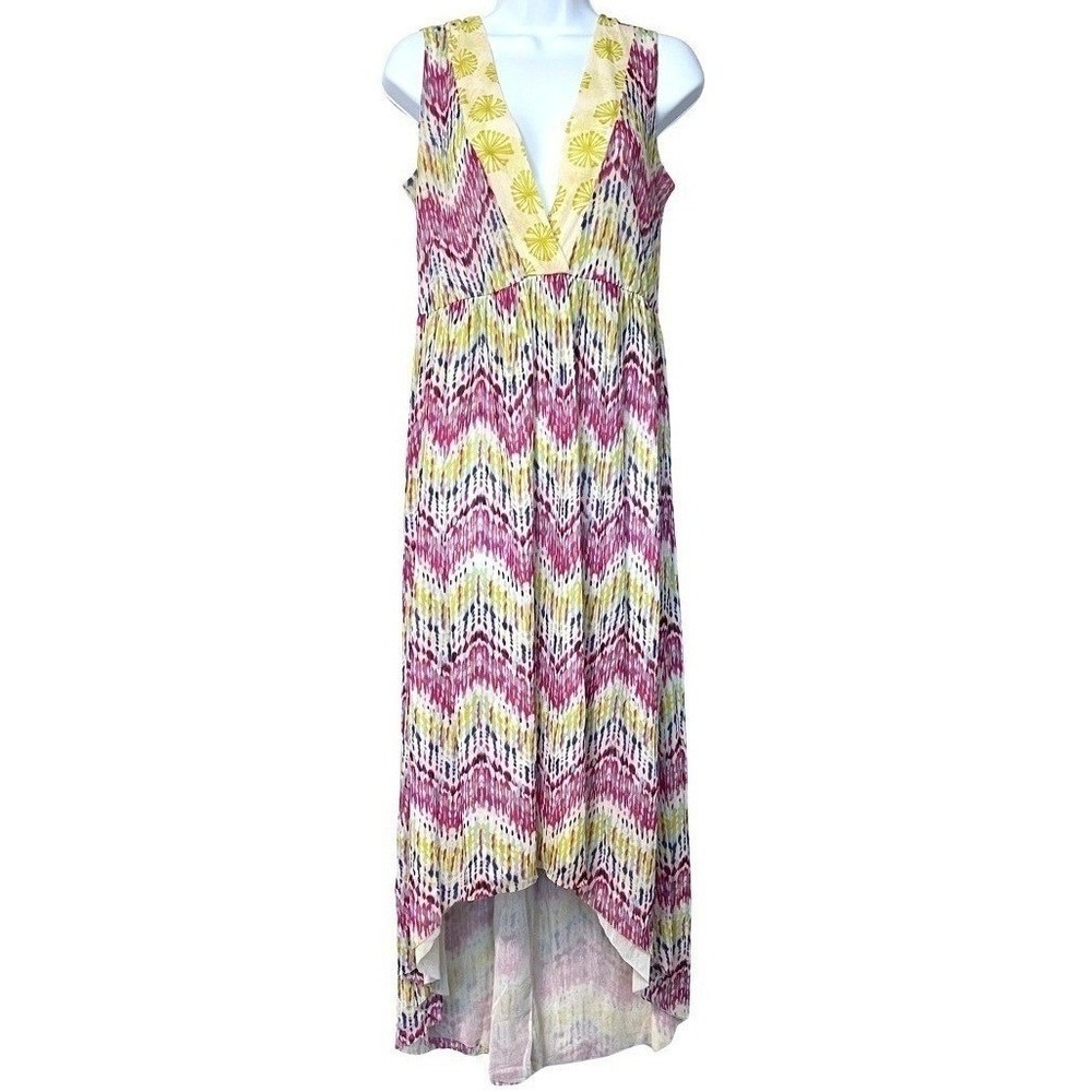 Sweet Pea Maxi Dress Womens L Pink Ikat Chevron‎ High Low Mesh Stacy Frati